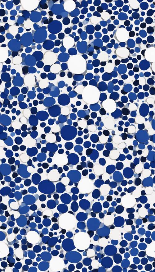 A whimsical design of royal blue and snow-white quirky ovular dots, randomly scattered on a seamless canvas.