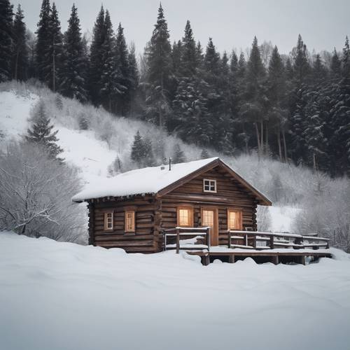 Eine Holzhütte inmitten einer ruhigen, verschneiten Winterlandschaft.