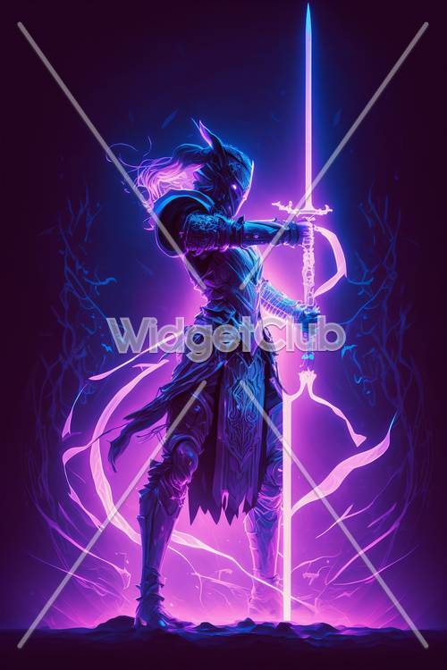 Mystischer Krieger mit leuchtendem Schwert in lila Fantasywelt