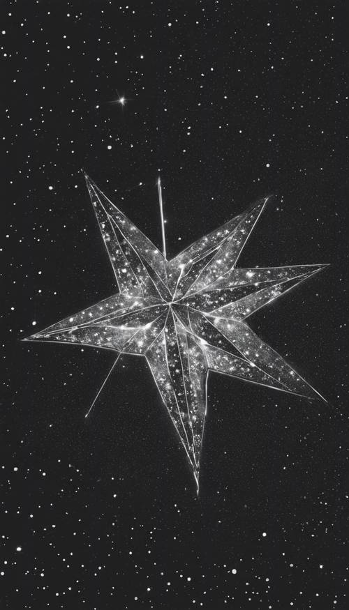 Una foto vintage monocromatica e logora di una misteriosa stella celeste che scintilla nel cielo notturno.