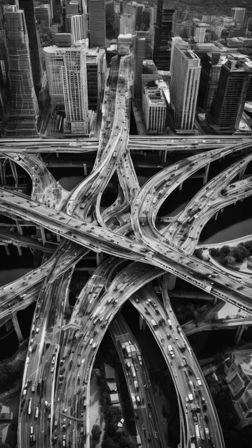 Uma vista aérea de alta resolução de uma cidade movimentada entrelaçada com sistemas rodoviários complexos, tudo renderizado em preto e branco dando um toque clássico.