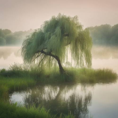 Sebatang pohon willow bersandar di atas danau yang tenang, dikelilingi kabut hijau lembut saat fajar.