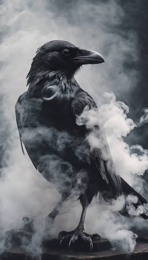 Черный дым превращается в визжащего ворона, расправляющего крылья в облаке белого дыма.