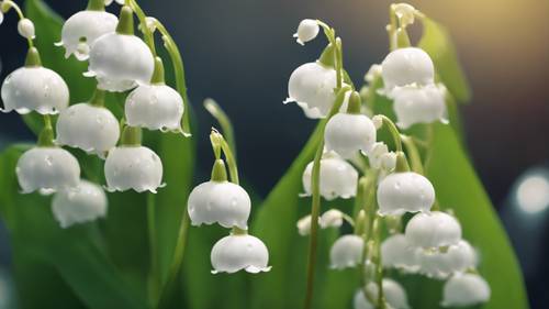 Minik, çan benzeri beyaz çiçekleri olan Vadideki Zambak&#39;ın yakından görünümü.