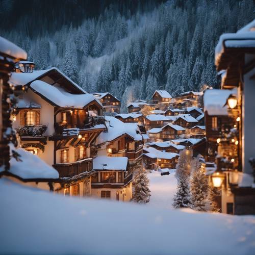 Uma cena de véspera de Natal em uma pitoresca vila nos Alpes, casas suavemente iluminadas aninhadas entre montanhas cobertas de neve e florestas de pinheiros.