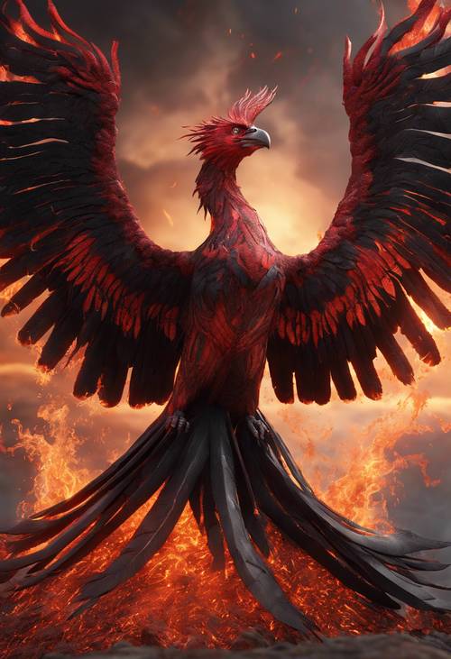 3D image of a soaring red and black phoenix, amidst glowing embers and smoky yet dramatic sky. Wallpaper [f41bc066e7df4b549ee2]