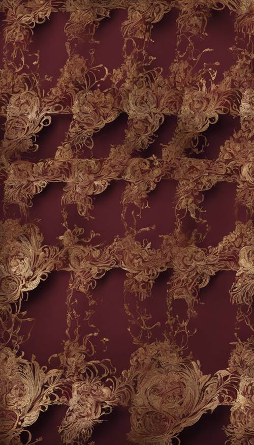 A dark burgundy textured pattern, intermingled with gold accents and intricate floral motifs.