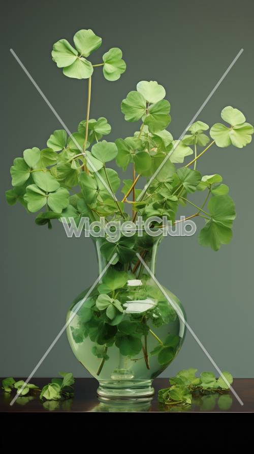 Feuilles de trèfle vert porte-bonheur dans un vase transparent