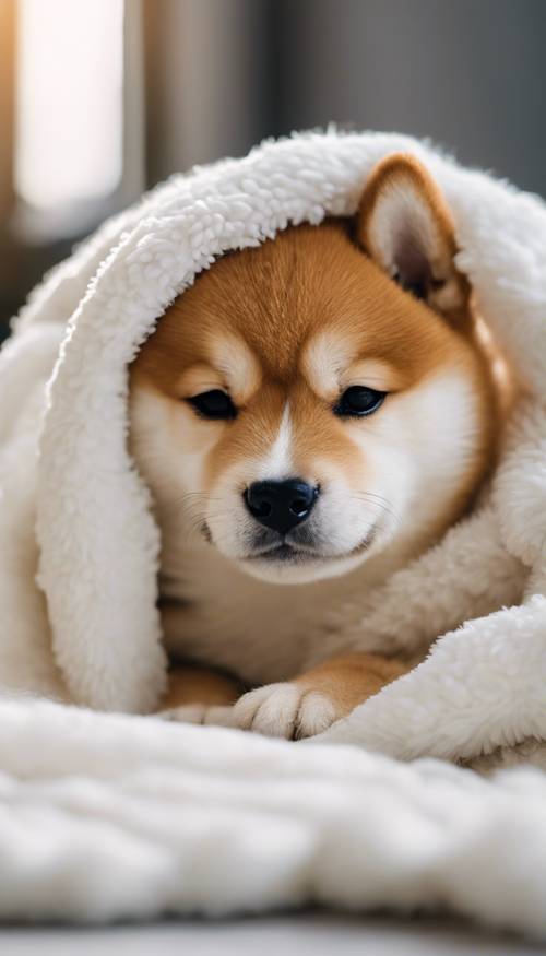 A sleepy shiba inu puppy nestled in a fluffy white blanket, on a sunny afternoon in a clean and tidy living room.