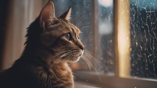 Seekor kucing yang kebingungan duduk di dekat jendela di dalam, mengamati badai dan kilat di luar