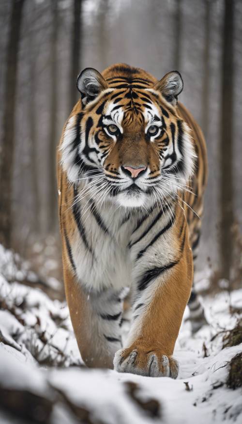 Ein majestätischer bengalischer Tiger, die Streifen in auffälligem Schwarz, der Rest in reinem Schneeweiß, steht stolz auf einer Waldlichtung.