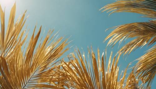 A wave of golden palm leaves waving gently against the azure sky.