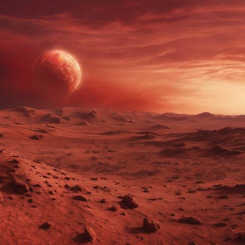Uma imagem surreal de um céu vermelho sobre uma paisagem marciana marrom.