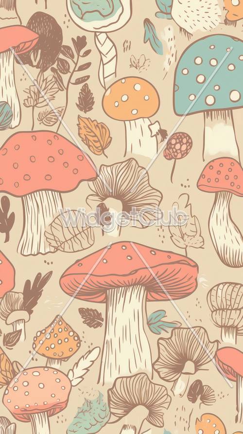 Colorful Mushrooms and Leaves Pattern