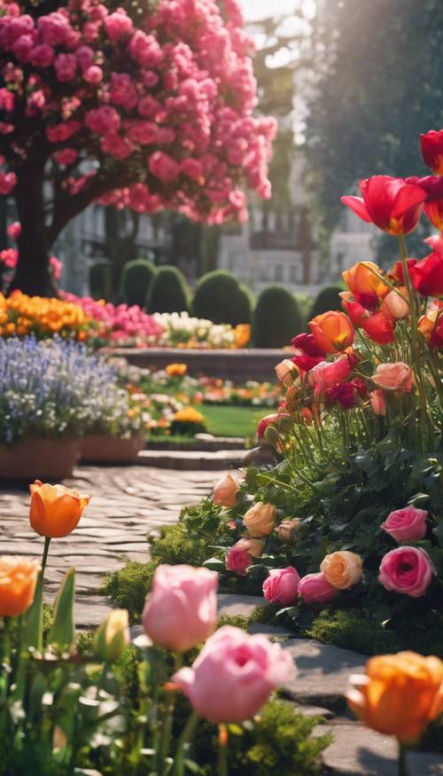 Jardim real luxuoso em plena floração com rosas, tulipas e margaridas vibrantes ao longo de uma passarela de paralelepípedos.