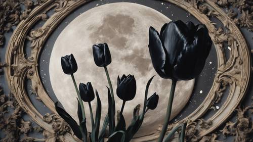 Un fresco de estilo barroco que presenta tulipanes negros girando en espiral alrededor de una luna celestial.