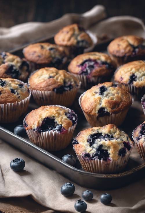 Fresh homemade blueberry muffins in a rustic baking tray with spilled blueberries at the side. Tapeta na zeď [dc56ebf16fa04826805e]