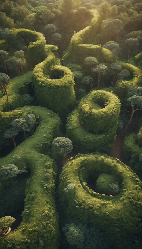 Bird's-eye view of a whimsical forest, filled with looping vines and spiral trees.