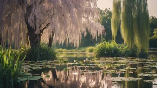 A peaceful pond surrounded by weeping willows and lotus flowers in full bloom.
