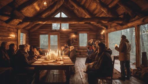 A candlelit Christian prayer meeting in a rustic cabin, while autumn rain gently falls outside.