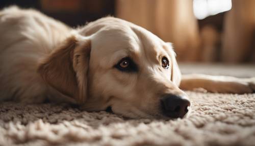 Un recuperado descansando sobre una alfombra de color beige oscuro con una expresión leal en sus suaves ojos.