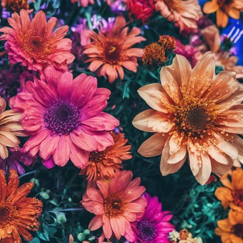 Extremely vibrant and psychedelic visuals of a Y2K-themed flower fest. Валлпапер [71476cb8d04f43a390a1]