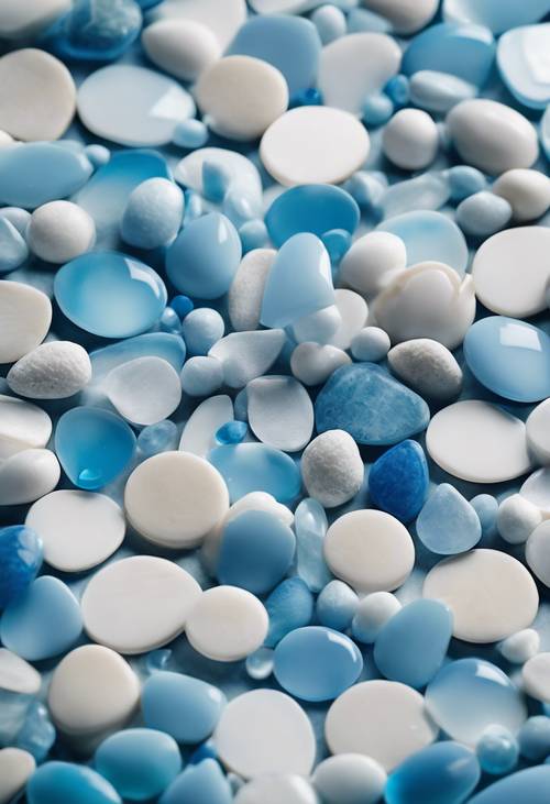 A tranquil mosaic of cerulean blue and alabaster white arranged randomly in an abstract concept.