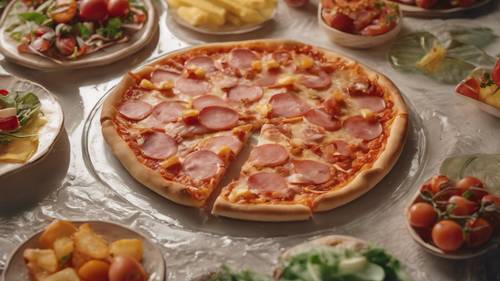 An aerial view of a pristine Hawaiian pizza on a round glass table.