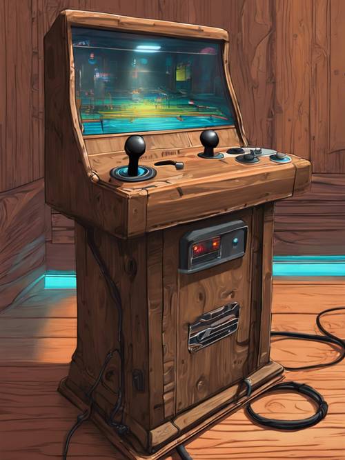 A brown joystick on a wooden gaming console with an environment reflecting the 80's arcade era.