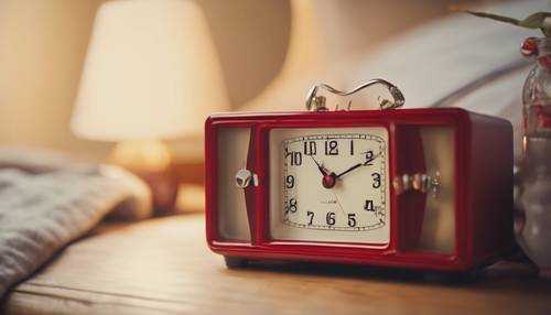 Czerwony budzik z lat 60. XX wieku, który na drewnianym stoliku nocnym wyświetla godzinę 7:00