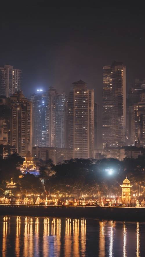 Imponująca panorama Bombaju, ozdobiona migoczącymi światłami podczas festiwalu Diwali.