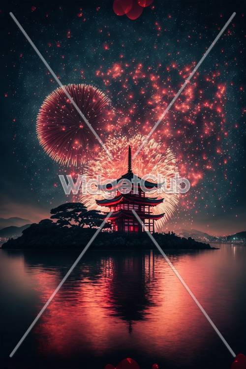 Impresionante espectáculo de fuegos artificiales sobre una pagoda japonesa