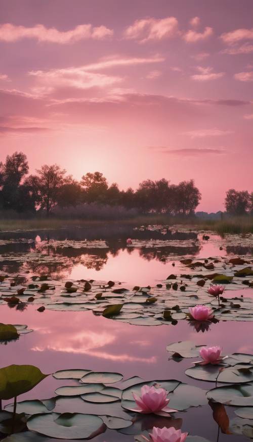 منظر هادئ على ضفاف البحيرة مع زنابق الماء الوردية وسماء الشفق ذات اللون الوردي.