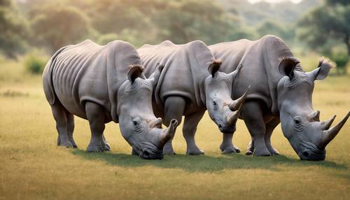 풀밭에서 평화롭게 풀을 뜯고 있는 코뿔소 가족.
