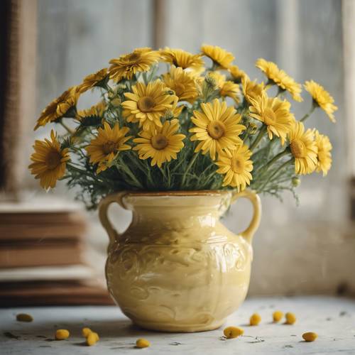 一个老式的陶瓷花瓶，里面装满了刚采摘的黄色雏菊。