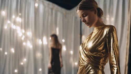 Złota metaliczna sukienka drapująca modelkę podczas sesji zdjęciowej.