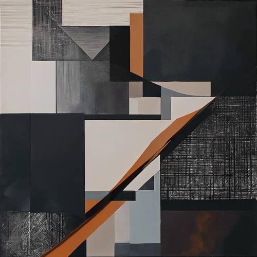 Geometrik şekillerin sergilendiği soyut, minimalist, karanlık temalı bir tablo.