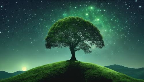 Grüner Hügel in einer sternenklaren Nacht, in Mondlicht getaucht, mit einem einsamen Baum auf seiner Spitze.