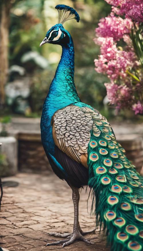 A majestic teal peacock showcasing its vibrant plumage in a lush garden. Tapeta [c819b382af1444c2854c]