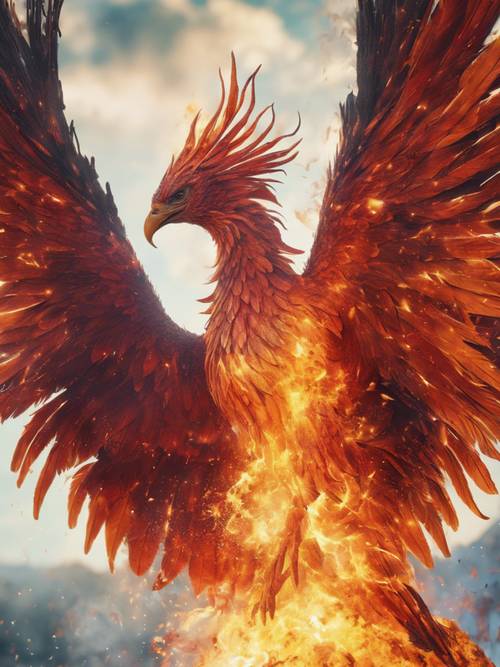 A phoenix rising from the ashes, encased in a glorious vibrant fire.