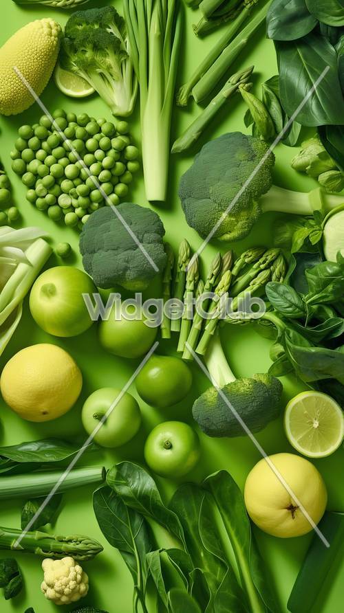 緑の背景にある緑色の果物と野菜