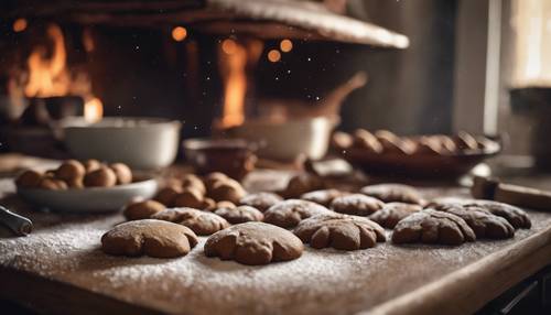 A rustic kitchen filled with the aroma of baking gingerbread cookies and the warmth of a roaring oven, getting ready for Christmas Eve.