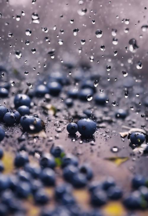 Uma imagem surreal de gotas de chuva se transformando em mirtilos em miniatura ao atingirem o solo.