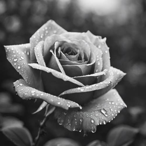 A black and white image of a single rose with morning dew.