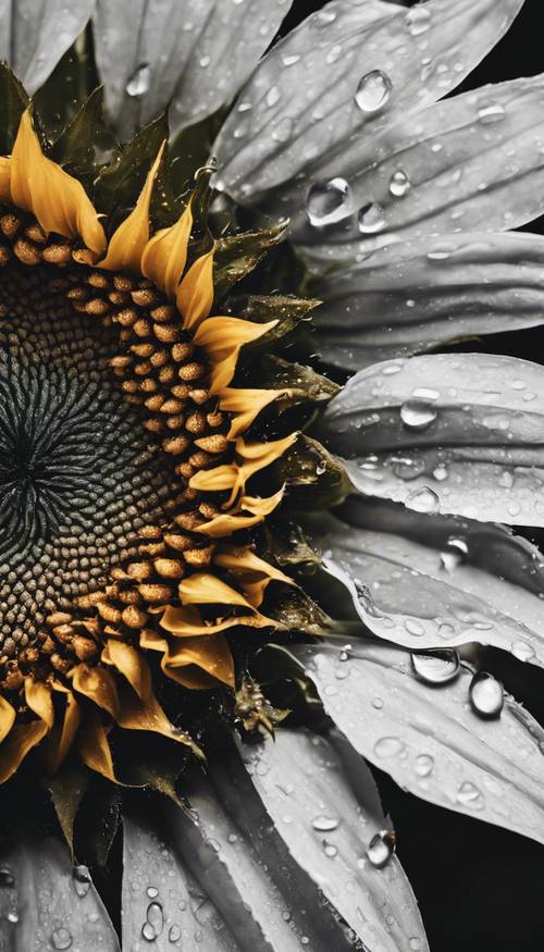 White and black picture of a sunflower head right after a rain shower with water drops sitting on the petals.