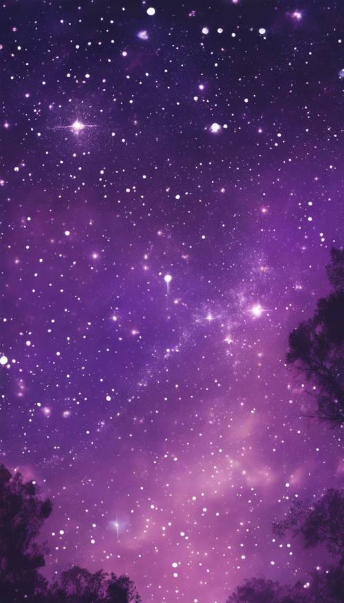 Parıldayan takımyıldızlarla benekli mor bir gece gökyüzü.