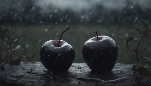 Uma imagem escura de uma maçã preta macabra em meio a uma cena nublada e tempestuosa
