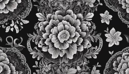 Delicate black lace etching an intricate floral scroll. Tapet [67be6eedd1c848bbb56d]