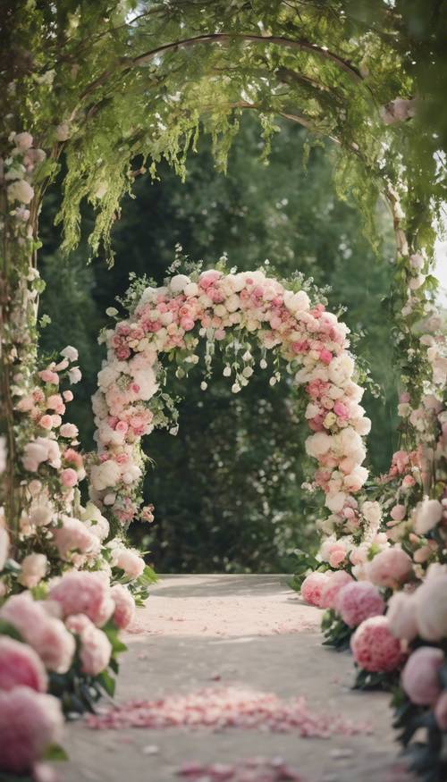 Ein romantischer Blumenbogen, dekoriert mit Rosen, Hortensien und Pfingstrosen für eine Gartenhochzeit.