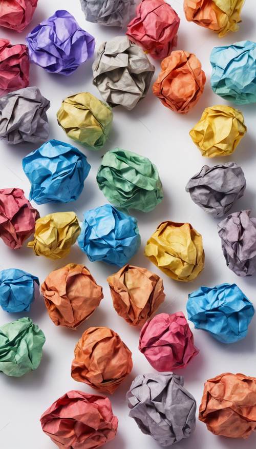 An unusual, multi-colored crumpled paper ball set on a white background.